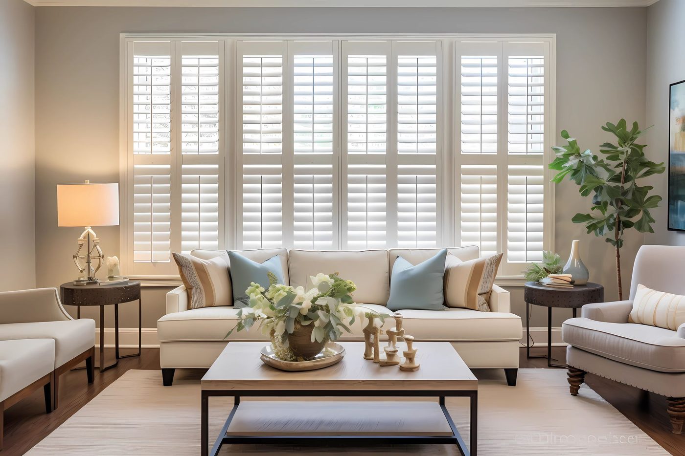 Plantation shutters in a bright Carlsbad living room