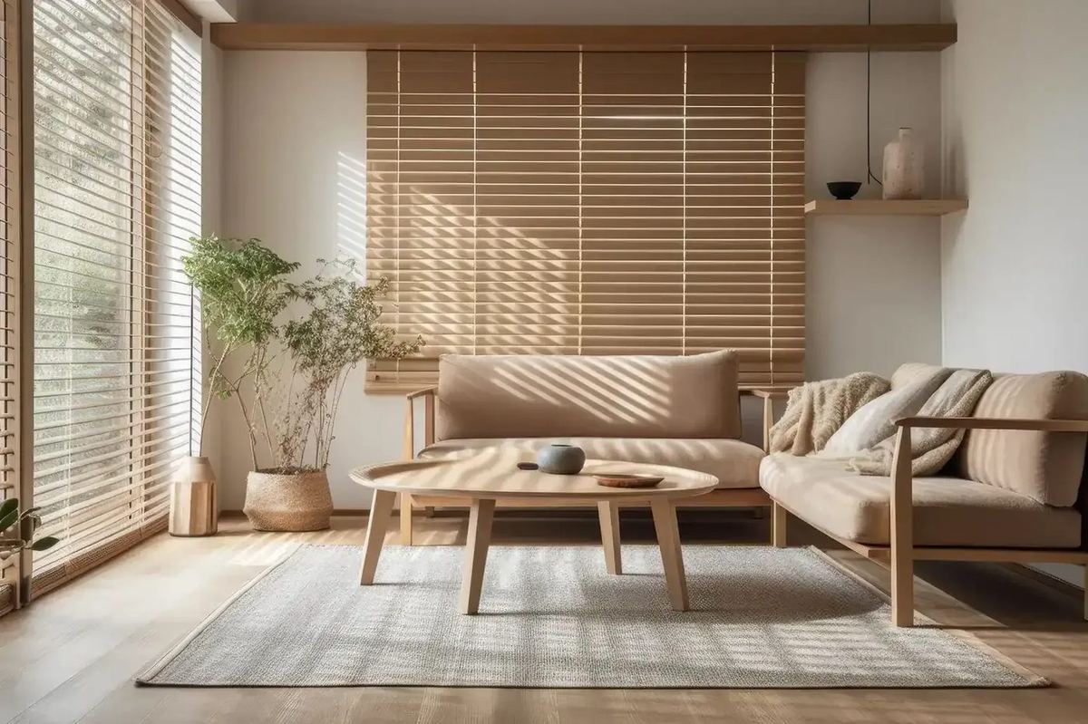 Wood blinds filtering daylight in a living room