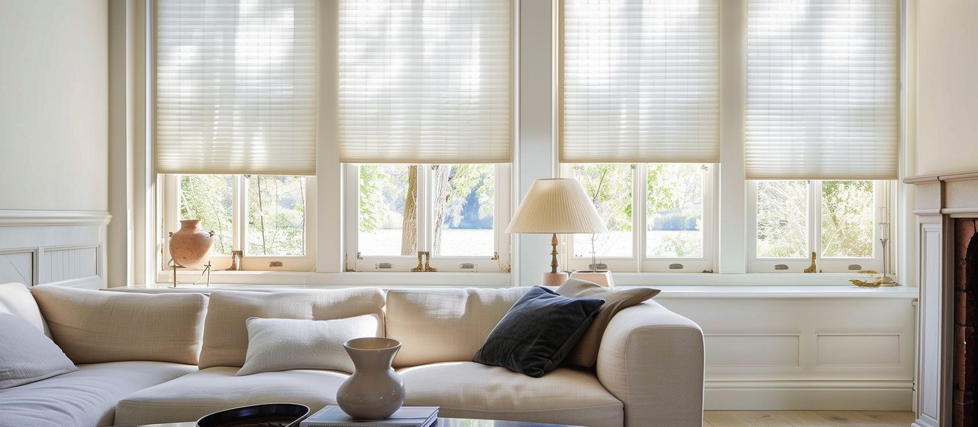 Woven wood shades in a living room with a cream sofa